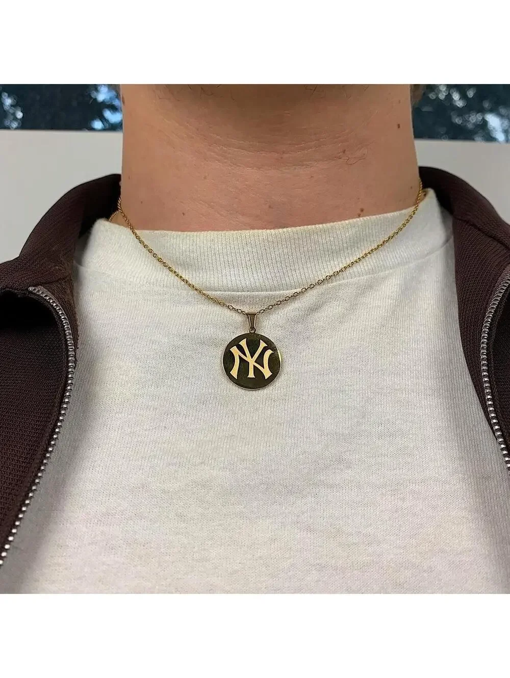 Y2k 2000s New York Yankees Circle Pendant Stainless Steel Gold Plated necklace.